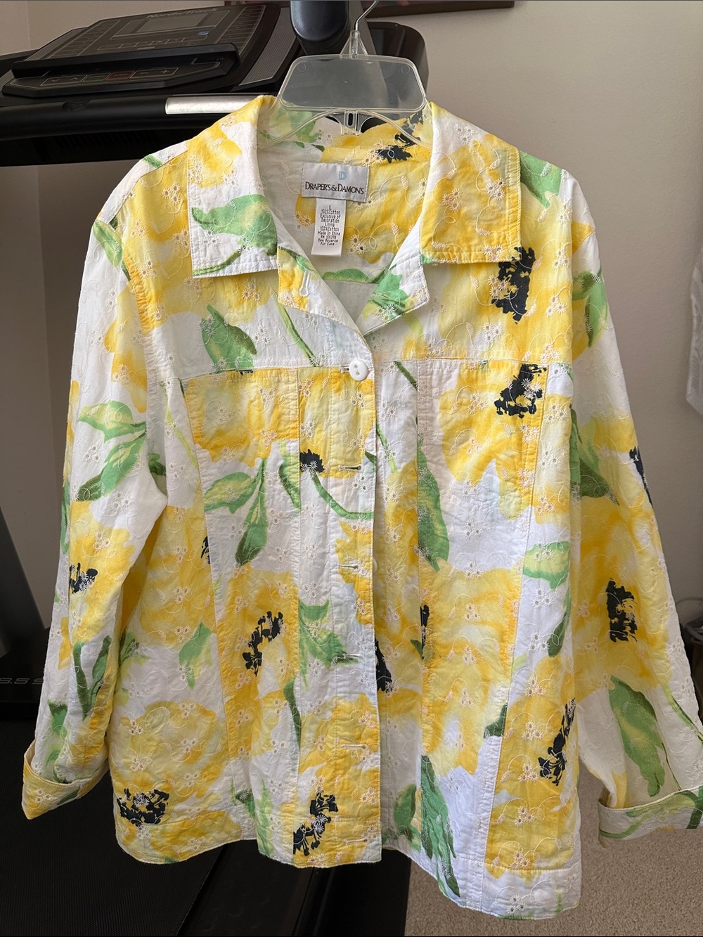 Dana Buchman Yellow and Green Floral Eyelet Button-Front Jacket